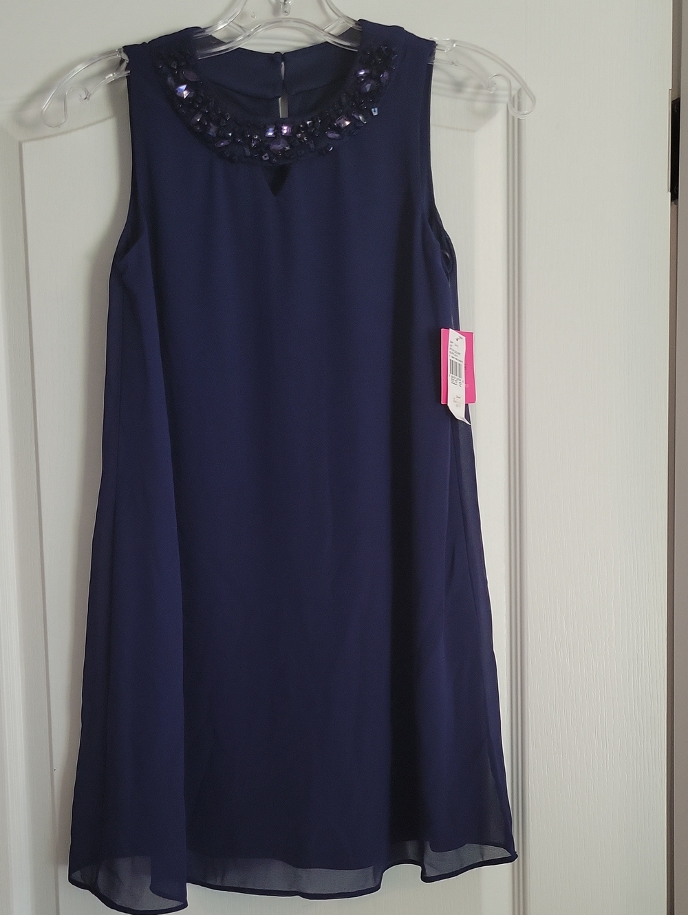 Girls Navy Sleeveless Beaded Collar Dress
